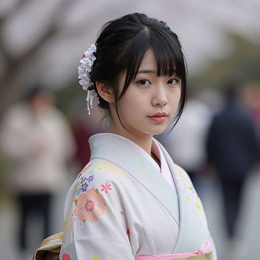Photograph of an Asian woman with black hair in a floral kimono, wearing a white hairpin, standing outdoors with blurred background.
