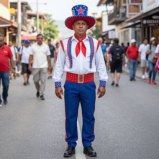 Photograph of a middle-aged Black man in a colorful traditional outfit, including a blue and red hat, white shirt, blue pants, red belt,