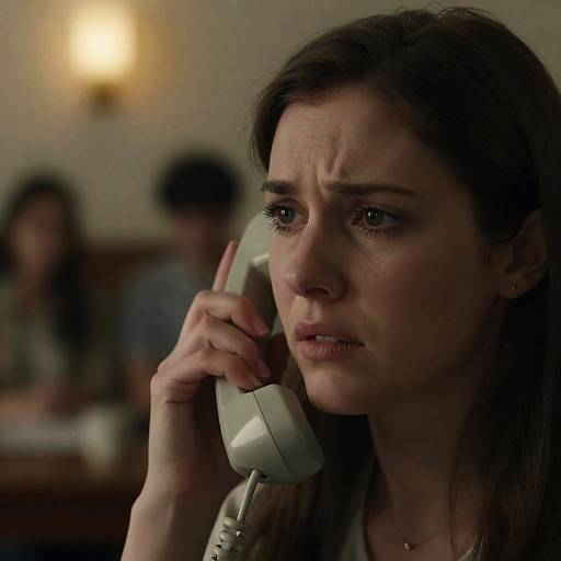 Worried Woman Talking on Landline Phone