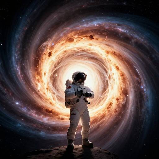 Silhouetted astronaut standing before a swirling, fiery galaxy vortex in space, illuminated by intense, glowing colors in a digital art style.