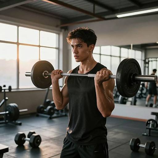 Photograph of a muscular young man with short, curly dark hair lifting a barbell in a bright, modern gym with large windows.