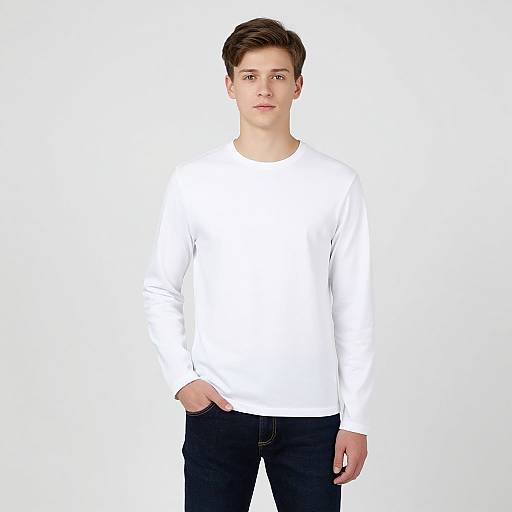 Photograph of a young man with short brown hair, wearing a white long-sleeve shirt and dark blue jeans, standing against a plain white background
