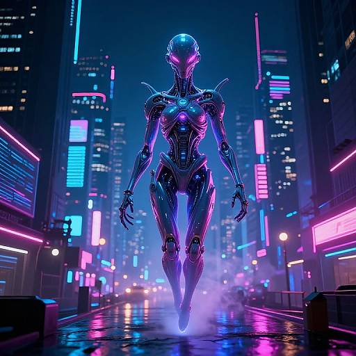 Neon-lit cyber cityscape at night. A sleek, metallic, futuristic female android with glowing purple eyes walks down a wet, illuminated street.
