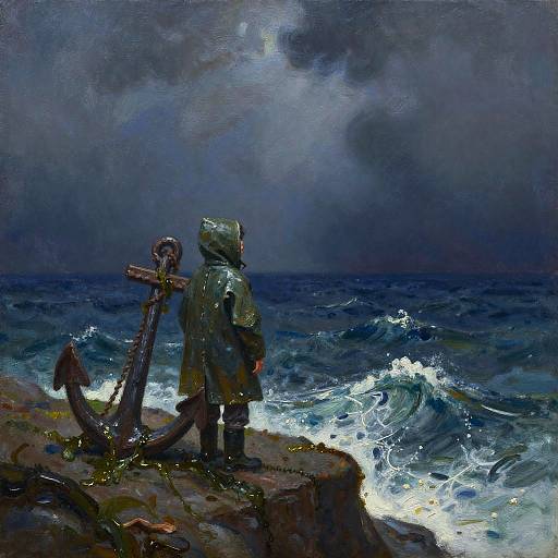 Expressionist Fisherman on Stormy Cliffside