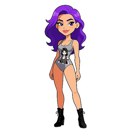 Cartoon-style drawing of a confident woman with vibrant purple hair, wearing a black graphic tankini and black ankle boots, standing against a white background.