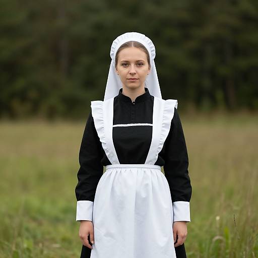Photograph of a young, fair-skinned woman in a black and white maid outfit with a white headscarf, standing in a grassy field
