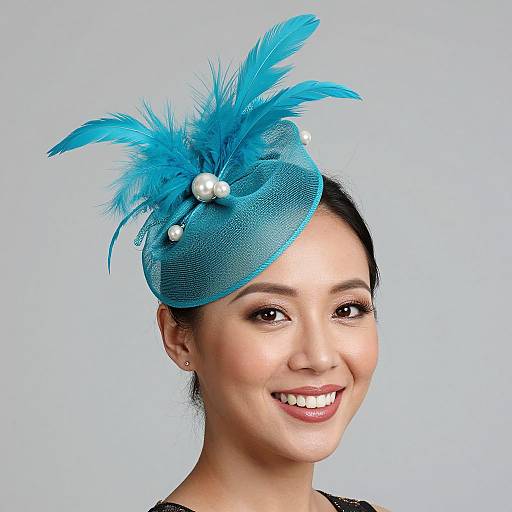 Photograph of a smiling Asian woman with light skin, black hair, wearing a bright blue feathered fascinator with white pearls, against a plain light