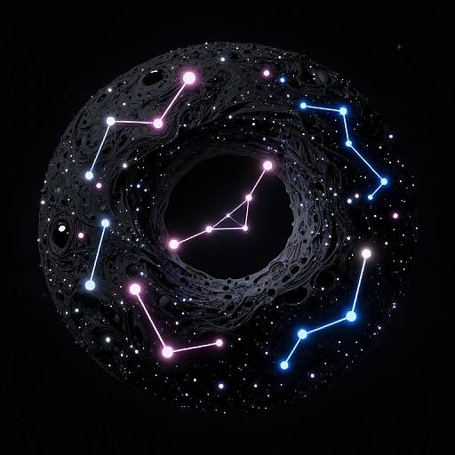 Digital illustration of a cosmic spiral with white, pink, and blue constellation lines connected to bright stars against a black background.