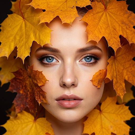 Photograph of a young woman with striking blue eyes, surrounded by vibrant autumn leaves, creating a leafy frame around her face.