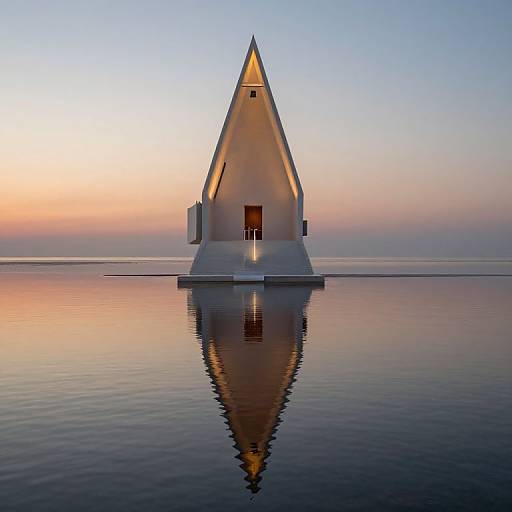 Photorealistic CGI of a triangular, white, modern chapel with a small window, reflected in calm water at sunset.