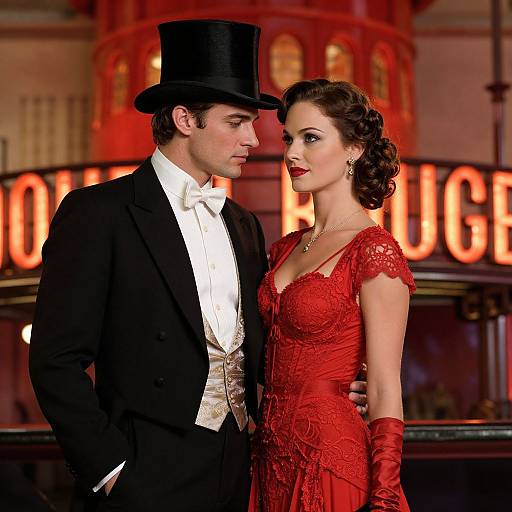 Photograph of a stylish couple in vintage attire; man in black top hat and tux, woman in red lace dress and gloves, standing close in