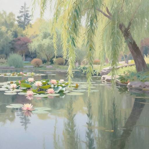 Photograph of a serene garden pond with lily pads, pink water lilies, and a weeping willow tree reflecting in the still water.