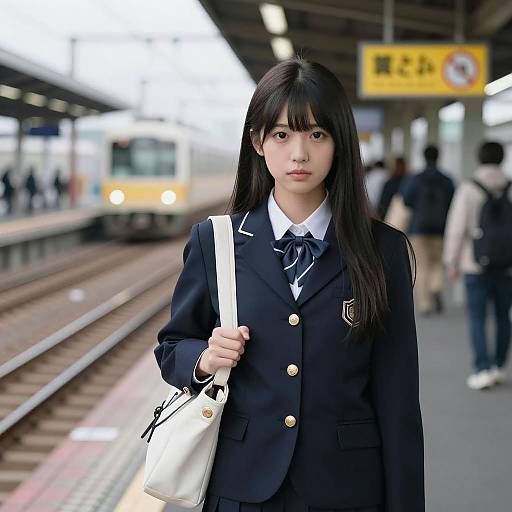 Japanese Schoolgirl on Train Platform