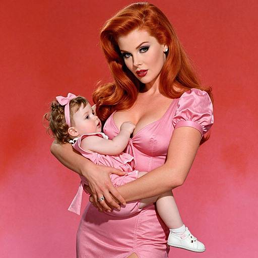 Photograph of a red-haired woman with fair skin, wearing a pink satin dress, holding a baby in matching pink attire, against a vibrant red background