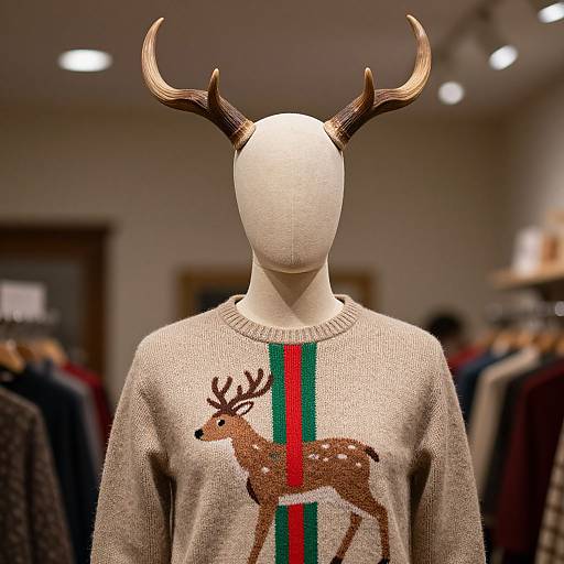 Photograph of a faceless mannequin with antlers, wearing a beige knit sweater with a brown deer and green-red vertical stripe. Background: