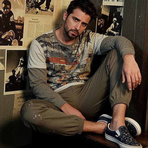 Photograph of a bearded man with dark hair, wearing a patterned shirt, gray sleeves, brown pants, and black Nike sneakers, seated against