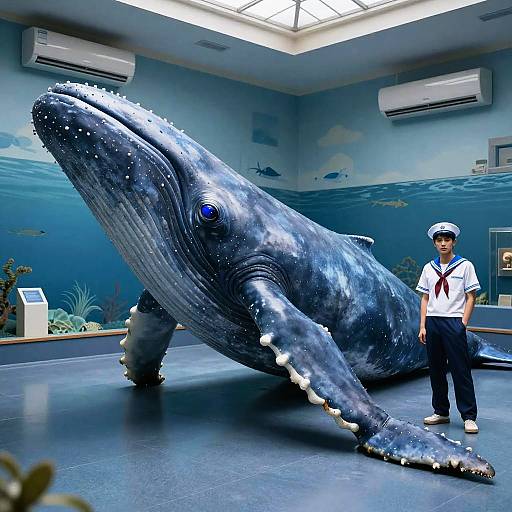 Photograph of a life-sized blue whale model in a museum, with a male sailor uniformed guide standing beside it. Bright, modern display room with