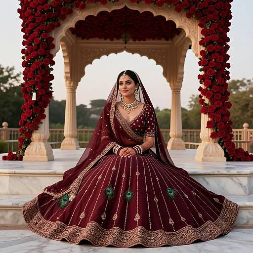Photograph of a South Asian woman in a maroon bridal lehenga with gold embroidery and green peacock designs, seated under a red rose-adorn