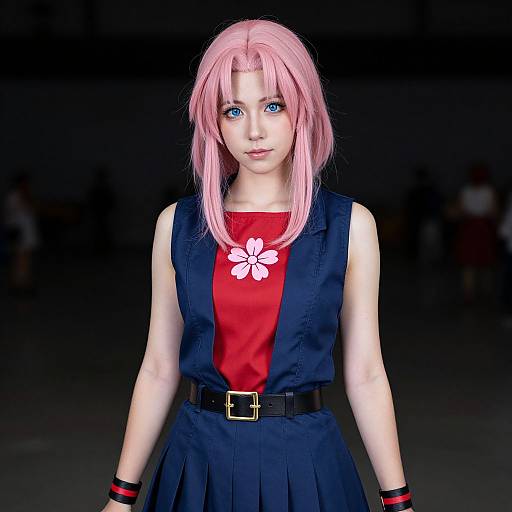 Digital artwork of a young woman with pink hair, blue eyes, wearing a sleeveless navy dress, red top with white flower, black belt, and
