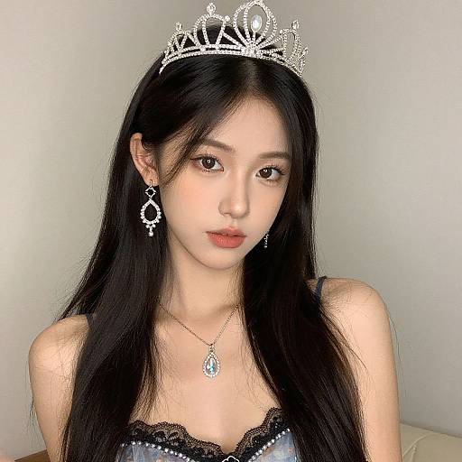 Photograph of an East Asian woman with long black hair, wearing a sparkling silver tiara, black lace-trimmed top, and matching earrings,