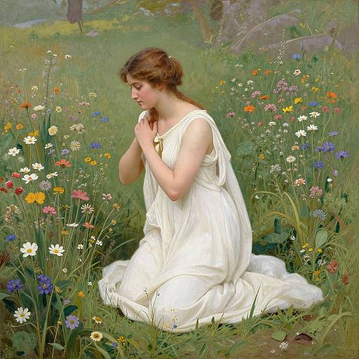 Photorealistic painting of a young woman with brown hair in a white dress, kneeling in a vibrant, flower-filled meadow, gently touching her chin
