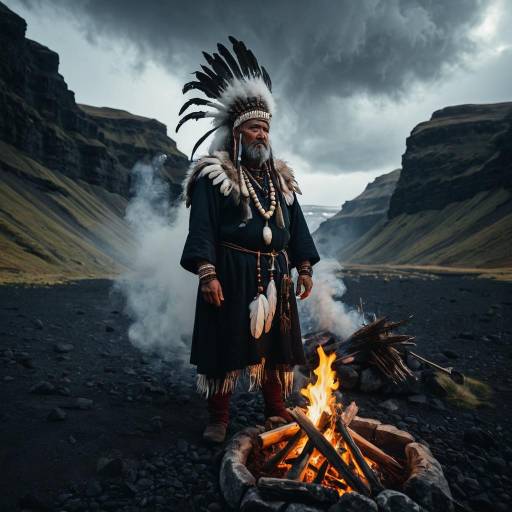 Native Man in Traditional Headdress by Campfire