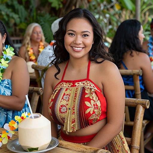 Photograph of a smiling, dark-haired woman with medium brown skin, wearing a red and gold floral bikini top, seated outdoors at a tropical cafe with