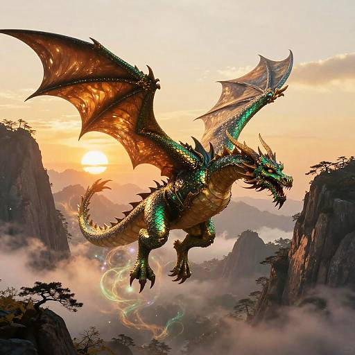 Digital fantasy artwork: A majestic, iridescent dragon with glowing green and gold scales soars through a misty, mountainous sunrise landscape.