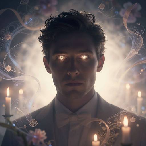 Photograph of a silhouetted man with glowing eyes, surrounded by candles, floral patterns, and ethereal light in a dark background.