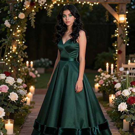 Photograph of a young woman with long black hair, wearing a dark green satin ball gown, standing in a candlelit garden archway adorned with flowers