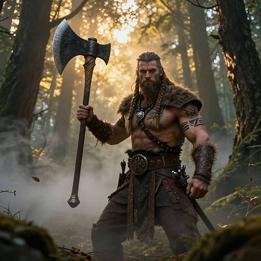 Photograph of a muscular, bearded Viking warrior with braided hair, holding a large double-headed axe in a misty forest. Wearing fur