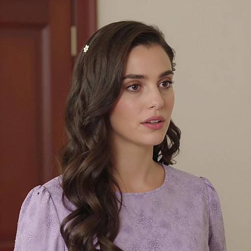 Young Woman with Wavy Hair in Purple Dress