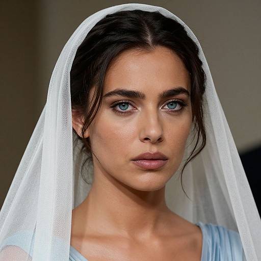 Photograph of a young woman with blue eyes, fair skin, dark brown hair, wearing a sheer white veil and light blue dress.
