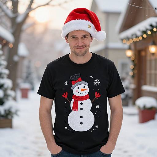Photograph of a smiling man wearing a red Santa hat and black t-shirt with snowman design, standing in a snowy, festive street.