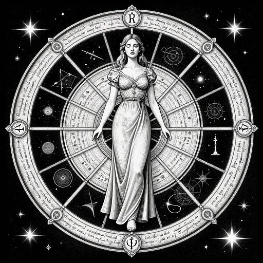 Black-and-white digital illustration of a woman in a flowing dress, centered within a celestial, astrological circle with symbols and text.