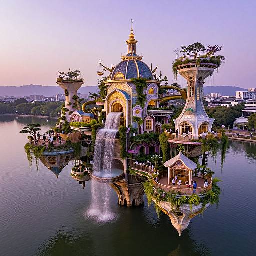 Fantastical floating island with a dome-shaped central building, waterfall, and lush greenery, reflecting in a serene lake at sunset.