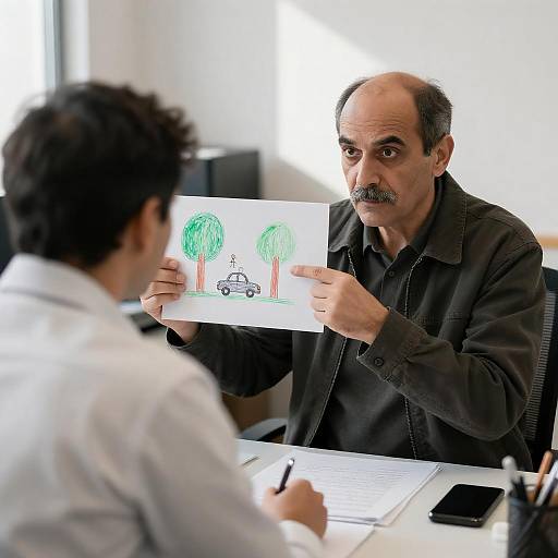Man Discussing Child's Drawing with Professional