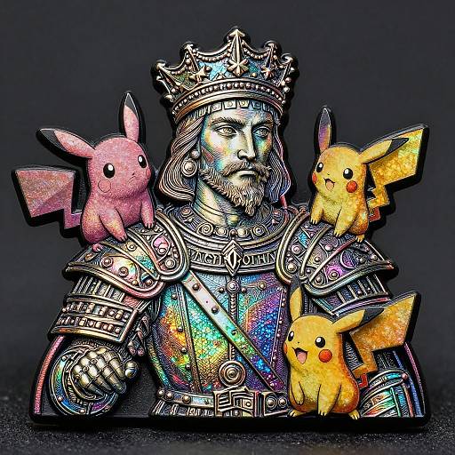 Glowing, metallic king statue with a crown, adorned in armor, flanked by three glittery, colorful Pikachu figures; dark background.