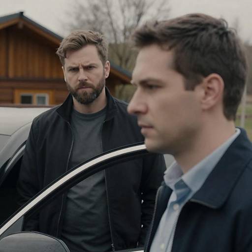 Two Men Outside Car with Serious Expressions