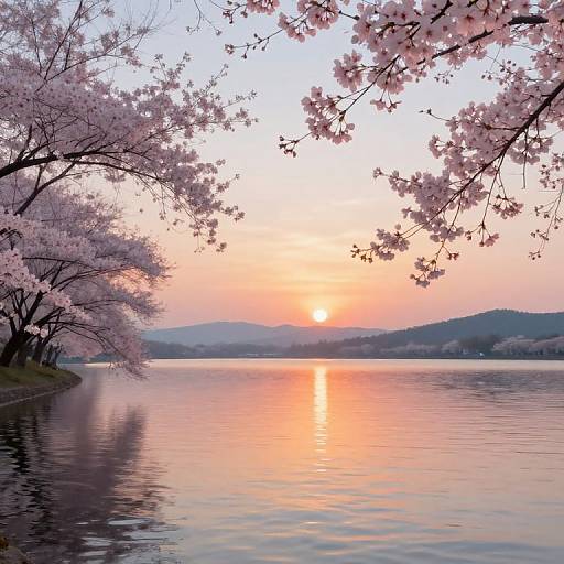 Photograph of a serene lake at sunset, with pink cherry blossoms framing the scene, reflecting the orange and pink sky on the calm water.