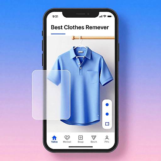 Photograph of a smartphone displaying a blue polo shirt on a shopping app against a gradient blue to pink background.