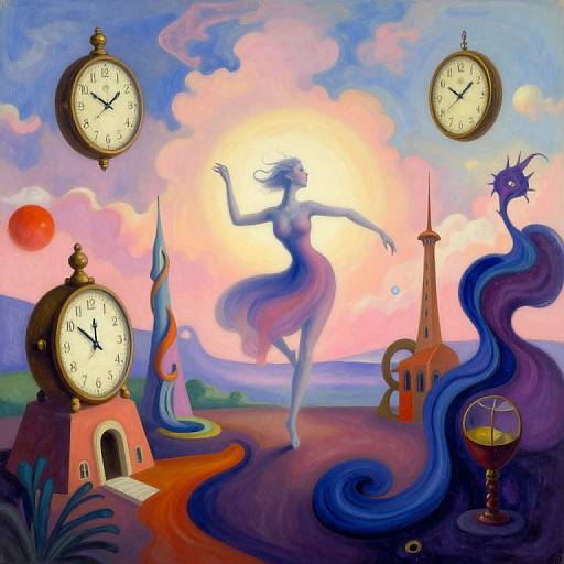 Surreal painting: Blue, ethereal dancer silhouetted against bright sun, surrounded by clocks, clock tower, sun, swirling blue stream