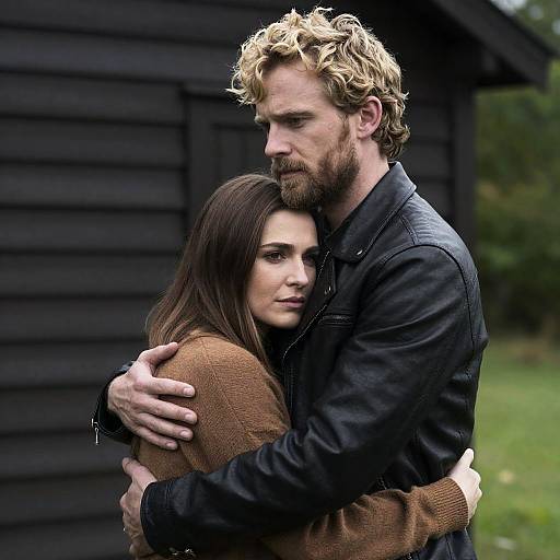 Photograph of a tall, blonde, bearded man in a black leather jacket embracing a brunette woman in a brown coat, both gazing somber
