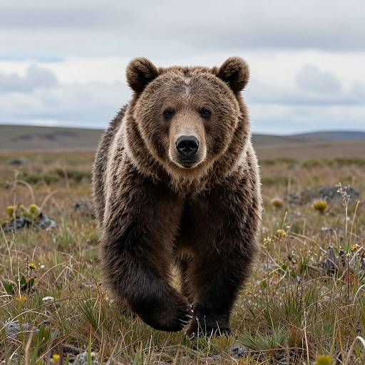 Photograph of a large brown bear with dense fur, walking forward in a grassy, wild meadow under a cloudy sky.