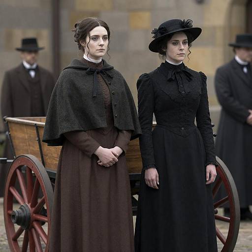 Victorian Ladies Beside a Wooden Wagon