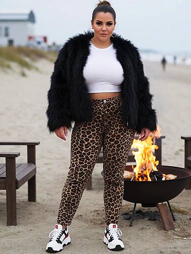 Photograph of a confident woman with dark hair in a bun, wearing a black fur jacket, white crop top, leopard-print leggings, and white sneakers