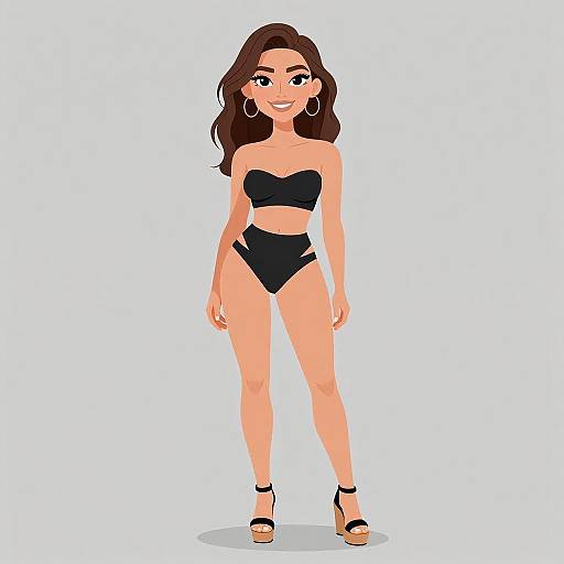 Digital illustration of a smiling woman with long brown hair, wearing a black strapless bandeau and high-waisted bikini bottoms, black high heels,