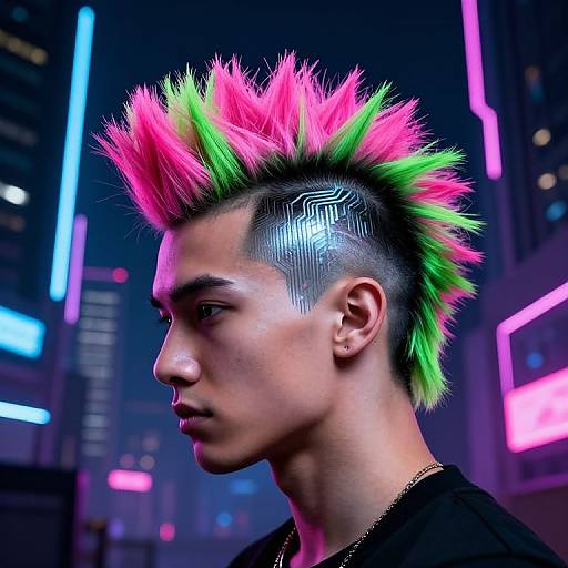 Photograph of a young Asian man with vibrant pink and green mohawk, neon-lit urban background, futuristic shaved side with circuit patterns.