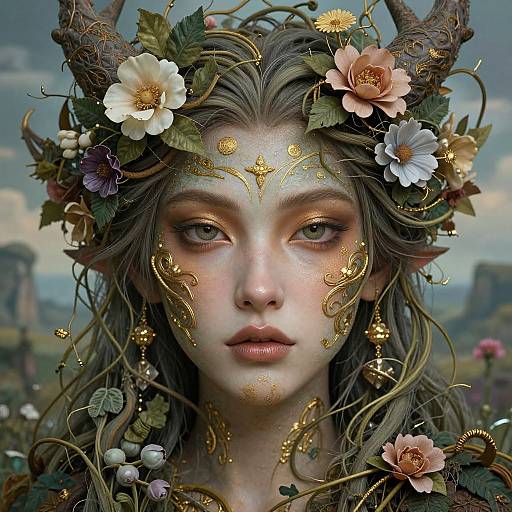 Digital artwork of a fair-skinned, green-eyed elf woman with golden floral and vine headpiece, featuring large horns, flowers, and intricate gold patterns