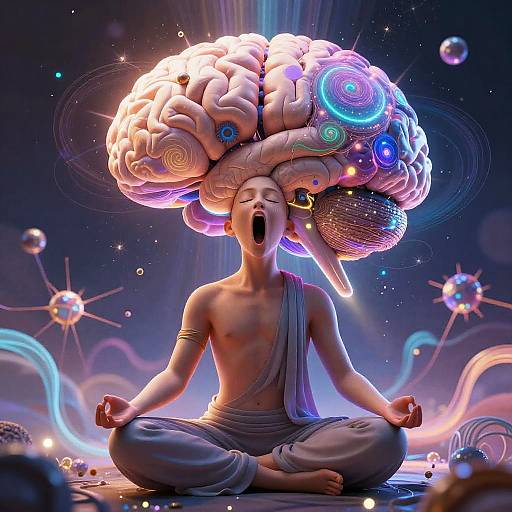 Digital artwork of a topless, serene, light-skinned person with a massive, colorful, brain-like headdress, meditating cross-legged in a
